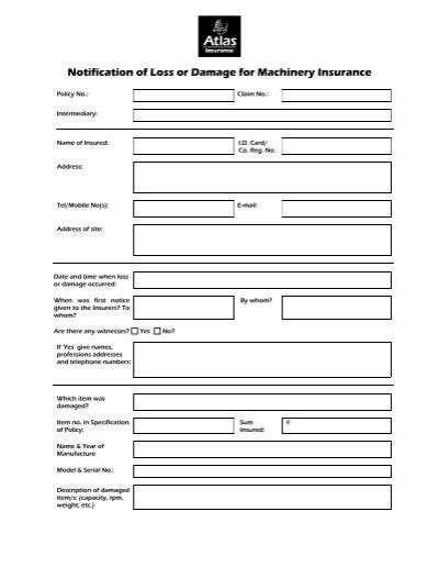 Claim Form Machinery Breakdown Atlas Insurance Malta