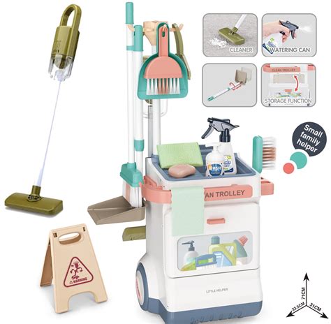 Cleaning Set for Kids Pretend Play Housekeeping with Cart and Vacuum ...