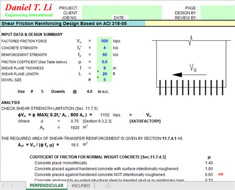 Shear Friction Reinforcing Design Based On Aci 318 05 Excel Sheets