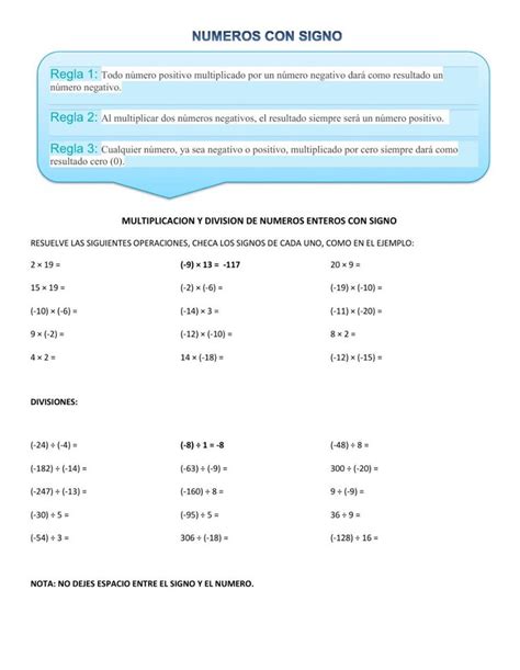 Ejercicio De Multiplicacion Y Division De Numeros Con Signo Numeros