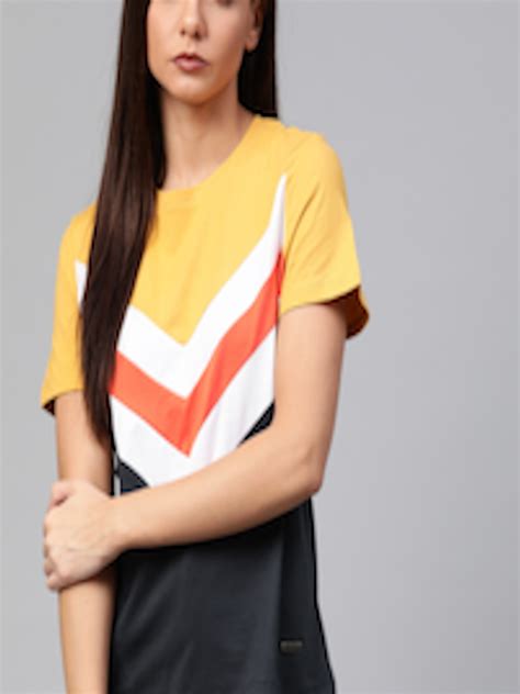 Buy Roadster Women Navy Blue And Mustard Yellow Colourblocked Round Neck