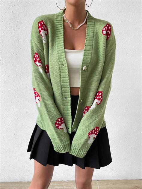 Mushroom Pattern Drop Shoulder Button Front Cardigan Shein Usa