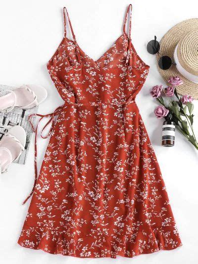 Zaful Ditsy Print Ruffle Wrap Sundress Lava Red M Vacation Dresses