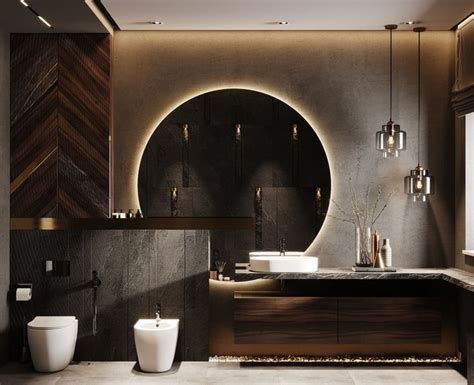 Modern Bathroom With Round Mirror Bathroom Interior Modern Bathroom