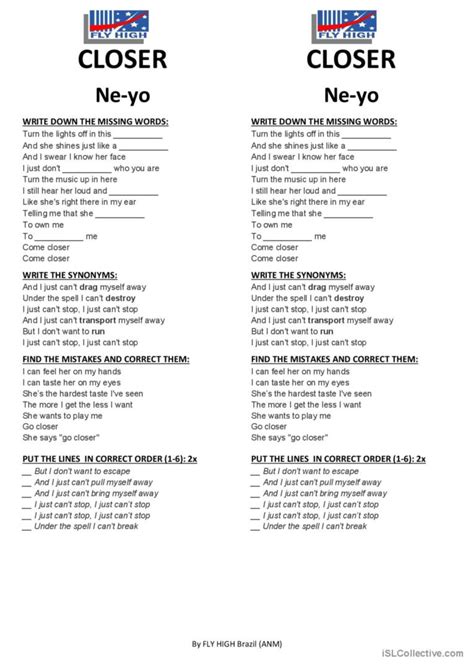 Ne-yo - Closer song and nursery rhym…: English ESL worksheets pdf & doc