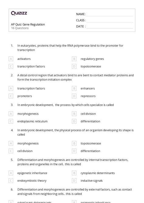 Gene Regulation Worksheets For Th Class On Quizizz Free Printable