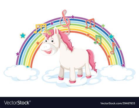 Unicorn Standing On Cloud With Rainbow And Melody Vector Image