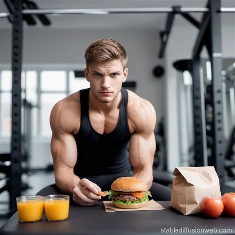 Overweight Man Eating Burger In Fitness Studio Stable Diffusion Online