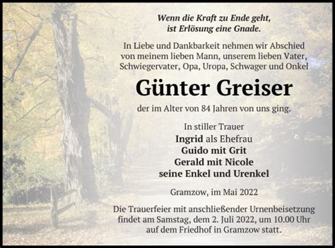 Traueranzeigen von Günter Greiser Trauer Nordkurier