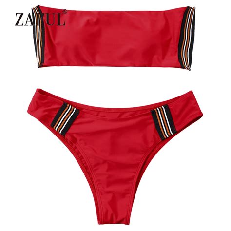 Zaful Striped Bandeau Bikini Set Women Swimsuit High Cut Swimwear Women