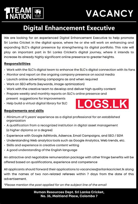 Digital Enhancement Executive Sri Lanka Cricket Vacancies 2023