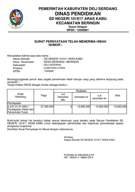 Pernyataan Terimahibah Pemerintah Kabupaten Deli Serdang Dinas