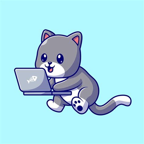 Lindo Gato Trabajando En Computadora Port Til Caricatura Vector