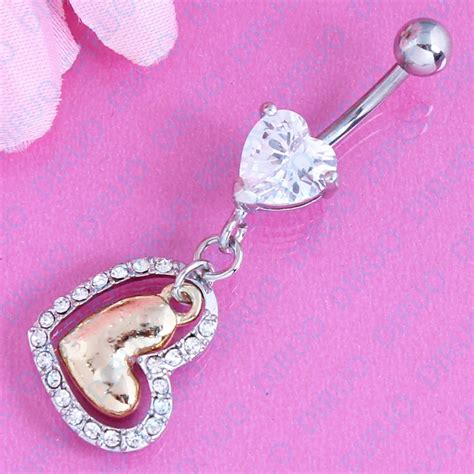 Large Double Peach Heart Zircon Navel Ring Body Piercing Jewelry Belly