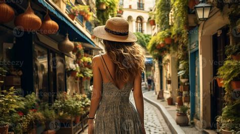 Back view, fashion model at vacation in small charming streets