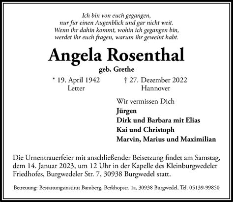 Traueranzeigen Von Angela Rosenthal Trauer Anzeigen De