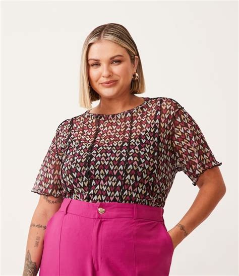 Blusa Em Tule Estampa De Cora Es Curve Plus Size Preto