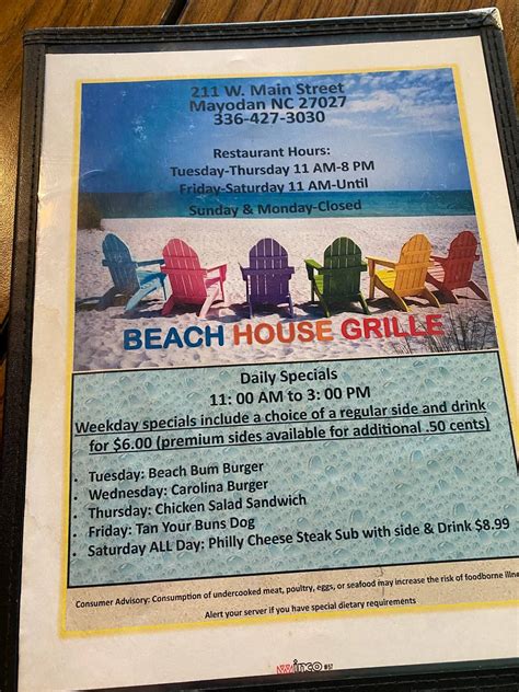 Menu at Beach House Grille restaurant, Mayodan, 211 W Main St