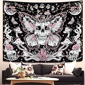 Amazon Kampdream Skull Floral Tapestry Mushroom Skeleton Goth