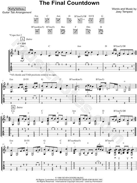 Kelly Valleau The Final Countdown Guitar Tab In E Minor Download And Print Sku Mn0169908