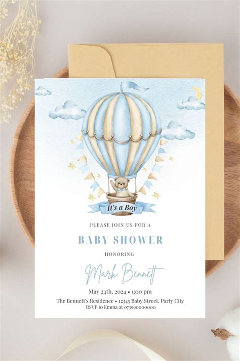 Editable Teddy Bear Hot Air Balloon Bear Theme Baby Shower Etsy Uk Baby Shower Templates
