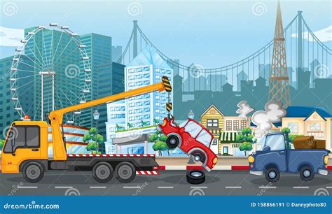 Accident Scene with Car Crash and Tow Truck in City Stock Vector - Illustration of damage, scene ...