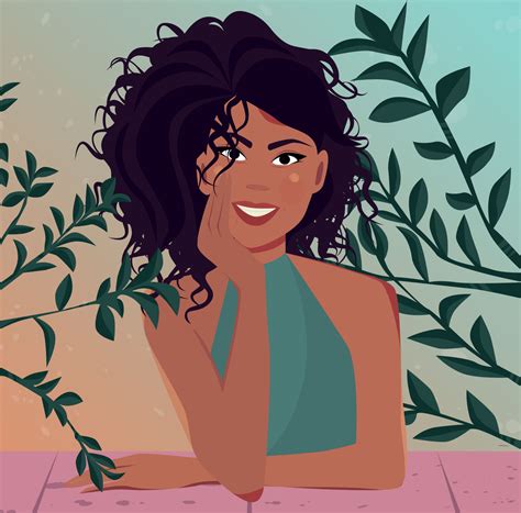 Digital Illustration Portrait Character Beautiful Curly Girl Enjoy Life And Admire Nature In