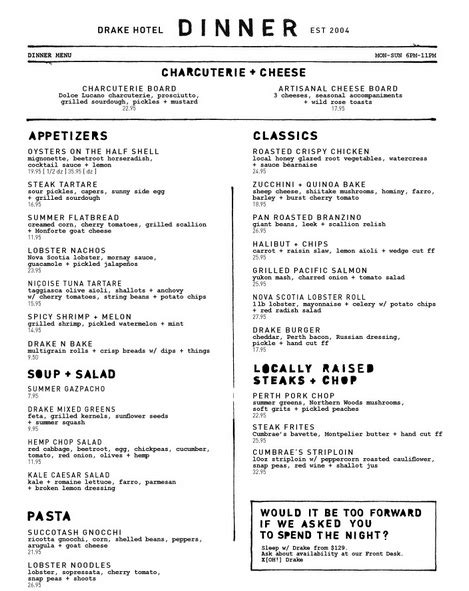 The Drake Hotel Dinner Menu Menu Inspiration Drake Hotel