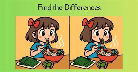 spot  differences  girl eating ramen   find    seconds