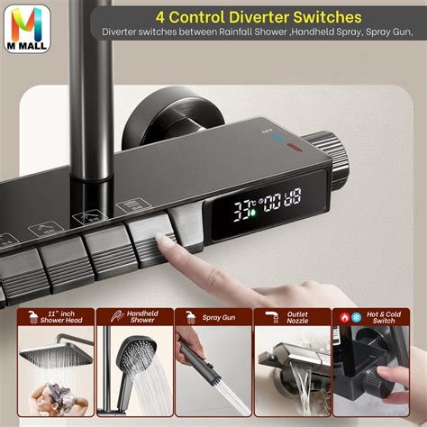 MCPRO Stainless Steel Wall Mount GUN GREY RAINFALL DIGITAL SHOWER SET 4 Mode Shower Mixed Hot