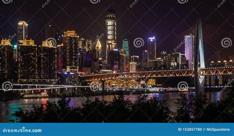 Night View Of Skyline Cross Jialing River With Qiansimen Bridge In