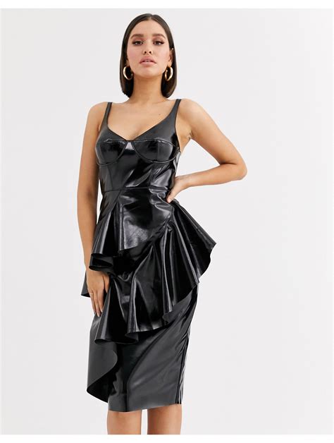 Asos Synthetic Premium Vinyl Cupped Waterfall Midi Dress In Black Lyst