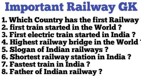 Important Railway GK Railway Important Questions Indian Railway