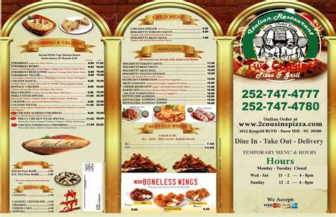 Menu at Two Cousins Pizza & Grill pizzeria, Snow Hill