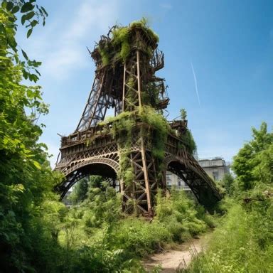 The Remains Of The Eiffel Tower Cut In Two Full Of Vegetation In A