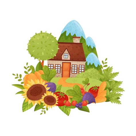 Premium Vector Village House Among Flowers And Vegetables On A