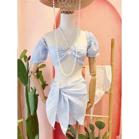 Mua Set Bikini xốp 3 món áo óng tay phồng quần tam giác kèm khăn quấn giá rẻ nhất TecKi Vn