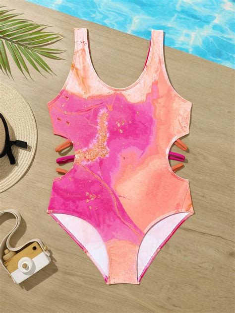 Tween Girl Marble Print Cut Out Side One Piece Swimsuit Shein Usa