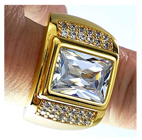 Emerald Simulated Diamond Ring Gold Color Square Baguette Ring Hip Hop