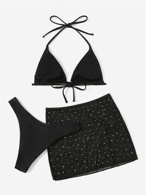 SHEIN Swim HotGoth Mesh Bikini Set Rhinestone Halter Triangle Bra Top