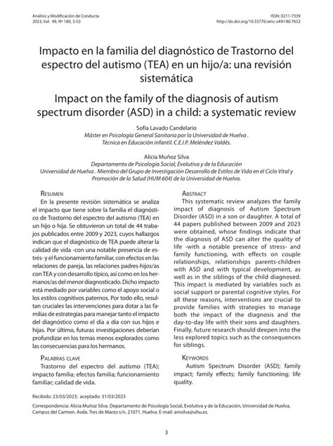 Pdf Impacto En La Familia Del Diagnóstico De Trastorno Del Espectro Del Autismo Tea En Un