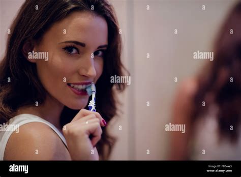 Beautiful Brunette Brush Her Teeth Stock Photo Alamy