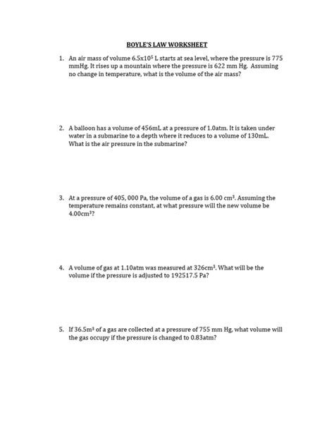 Boyles Law Worksheet Pdf