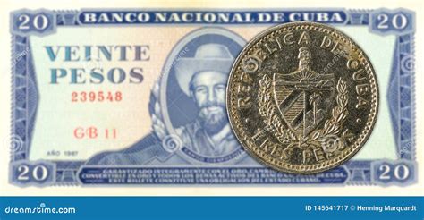 3 Cuban Peso Coin Against 20 Cuban Peso Banknote Stock Image - Image of ...