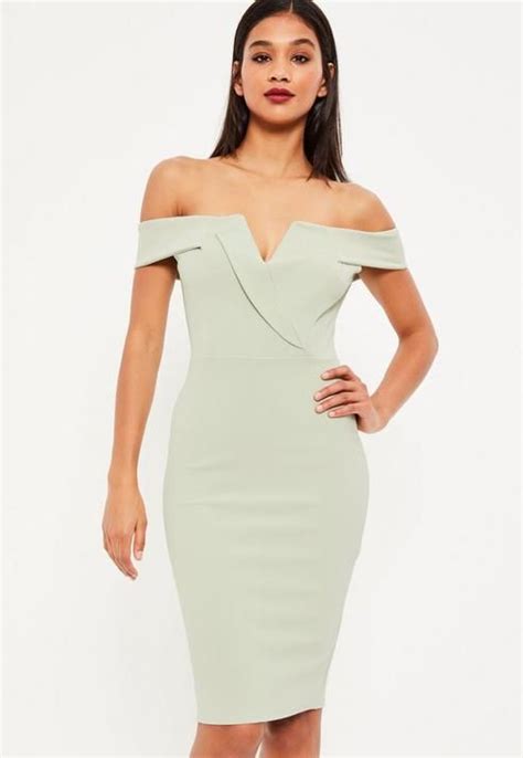 Missguided Green Bardot Plunge Midi Dress Plunge Midi Dress Dresses