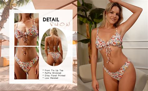 Amazon Zaful Women S Triangle Bikini Floral Ruffles Bow Tie Up