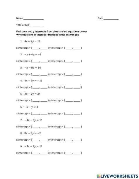 Graph Standard Equations Find The X And Y Intercepts Worksheet