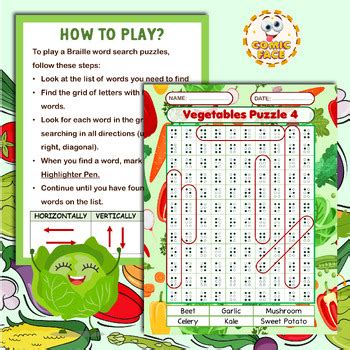 Braille Printed Not Raised Vegetables Word Search Puzzles Activities