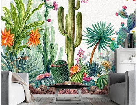 Hand Painted Watercolor Cactus With Flowers Wallpaper Wall Mural