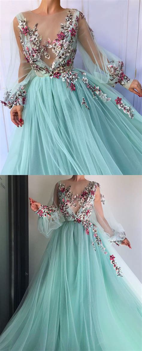 Blue Tulle Floral Embroidered Puff Sleeve Prom Dress Tulle Evening